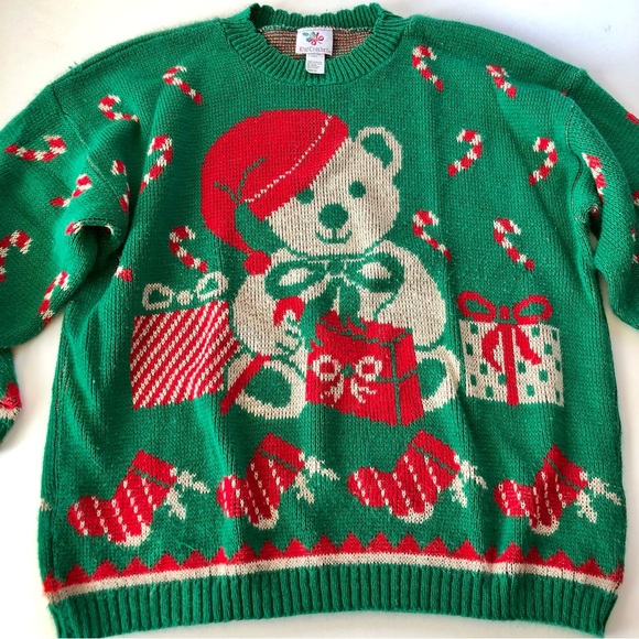 Vintage Nutcracker Green Teddy Bear Santa Patterned Christmas Sweater Size 24W - Picture 5 of 13